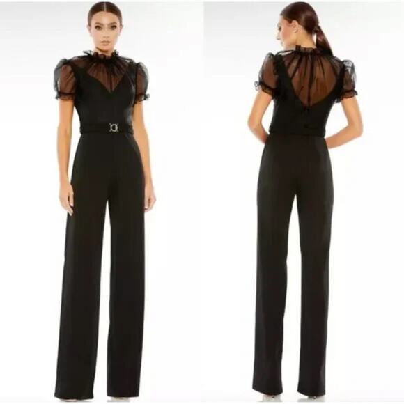 Mac Duggal Belted Illusion High Neck Cap Sleeve Jumpsuit Black Size 0 NWT